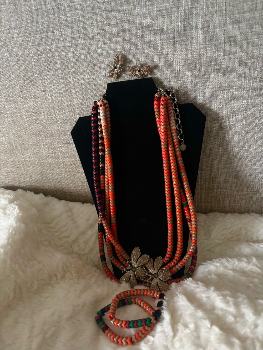 Sassy Jones Orange Multi strand Beaded Necklace with removable brooch & Studs